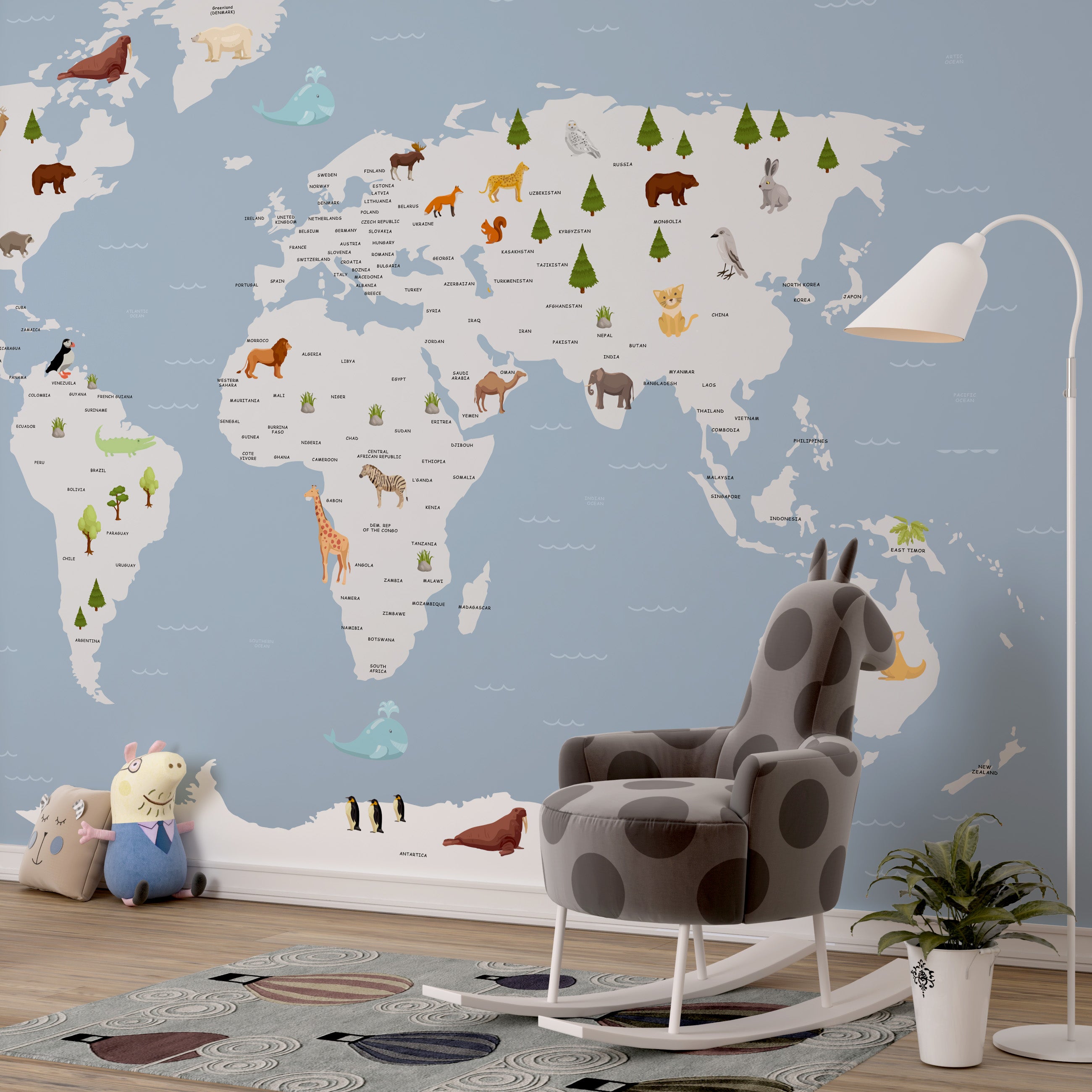 Kids Worldmap Animals Mural – It's My Wall