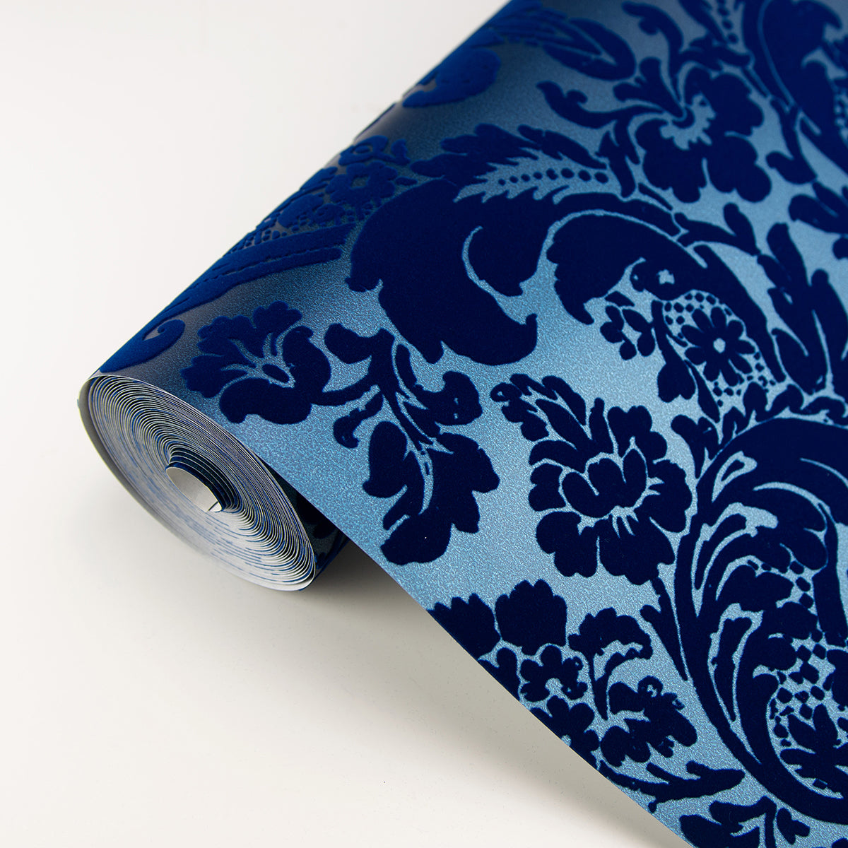 2763-87310 Shadow Blue Flocked Damask Wallpaper By Brewster