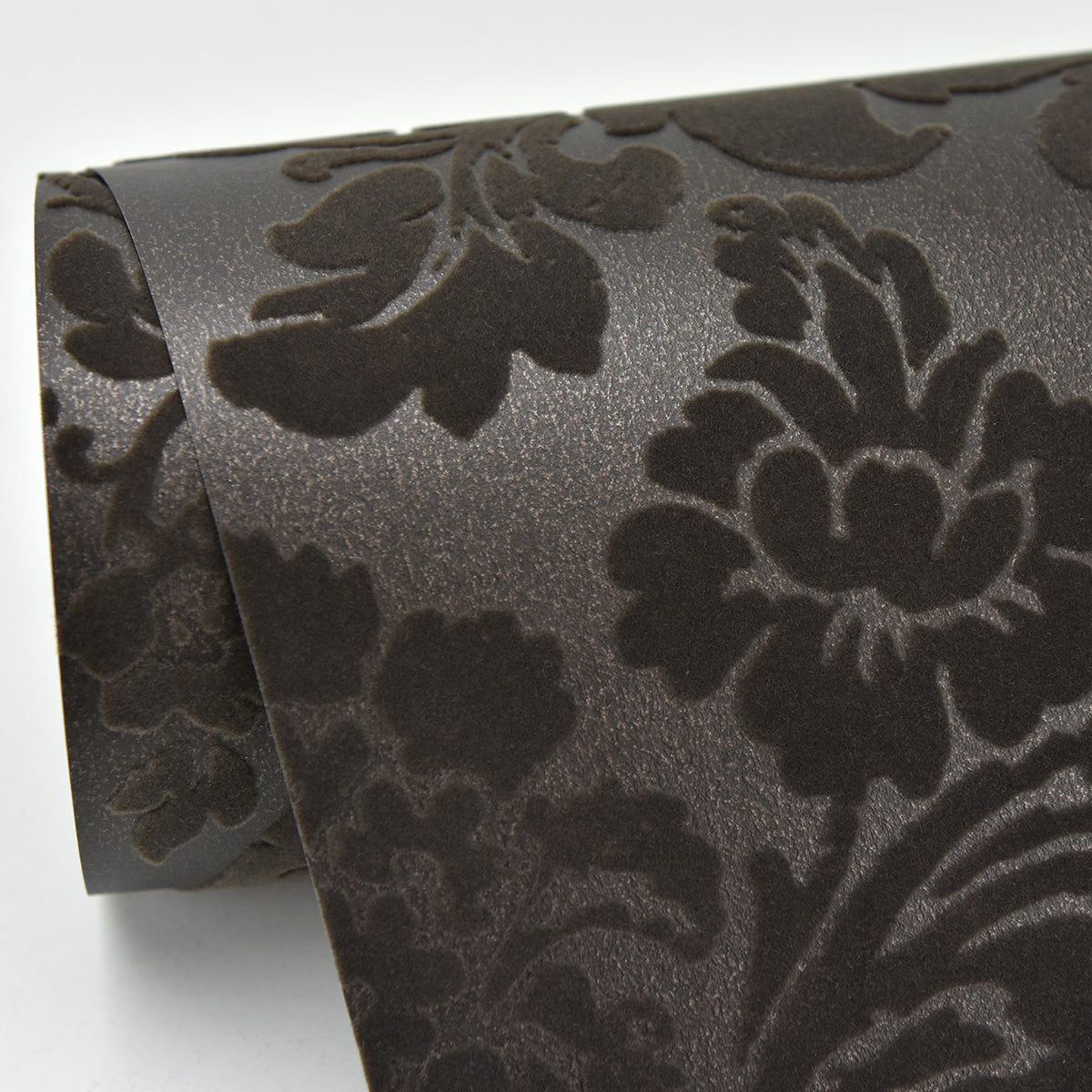 2763-87311 Shadow Brown Flocked Damask Wallpaper By Brewster
