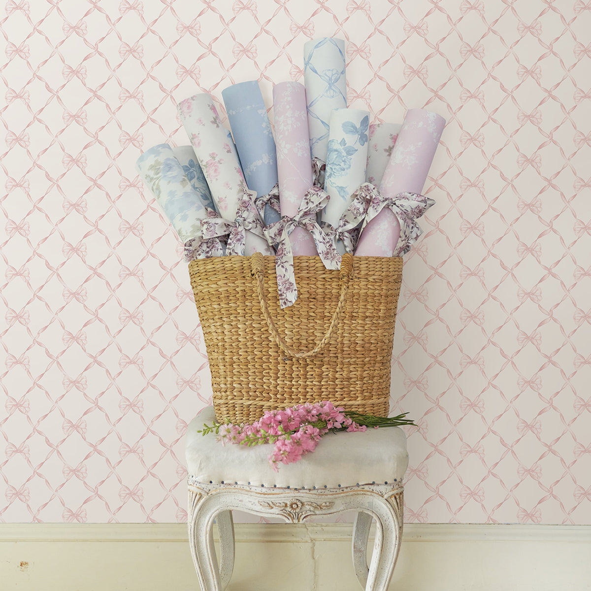 Baby Bow Light Pink Ribbon Trellis Wallpaper