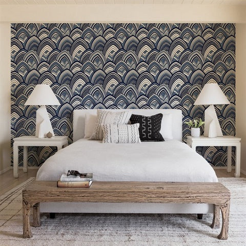 2969-87351 CABARITA Indigo Art Deco Leaves Wallpaper by Brewster