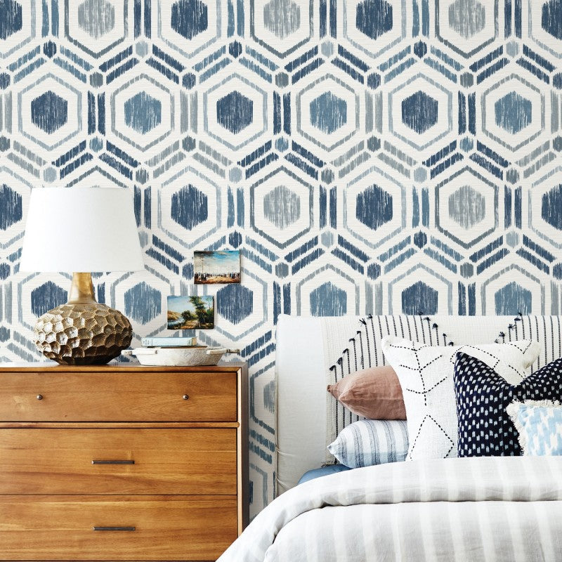 2901-25433 Borneo Blue Geometric Grasscloth Wallpaper