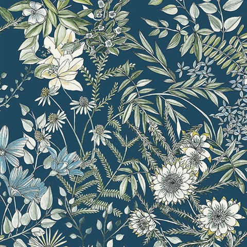 2821-12902 Full Bloom Navy Floral Wallpaper