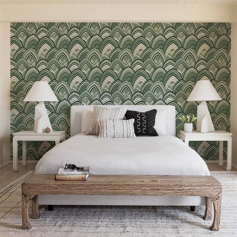 2969-87354 CABARITA Green Art Deco Leaves Wallpaper by Brewster