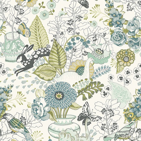 2821-12803 Whimsy Green Fauna Wallpaper