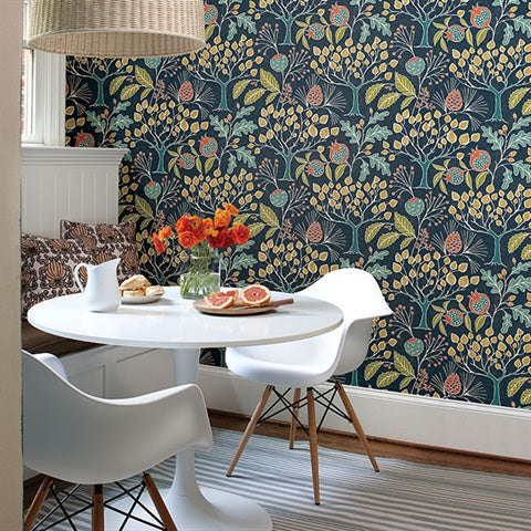 2903-25830 Shiloh Navy Botanical Wallpaper Blue Bell By A Street Prints