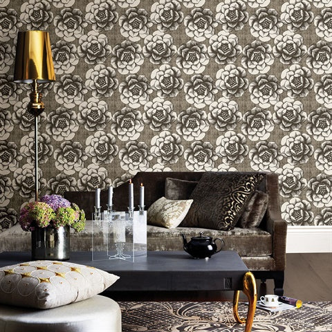 2763-24239 Fanciful Brown Floral Wallpaper By Brewster