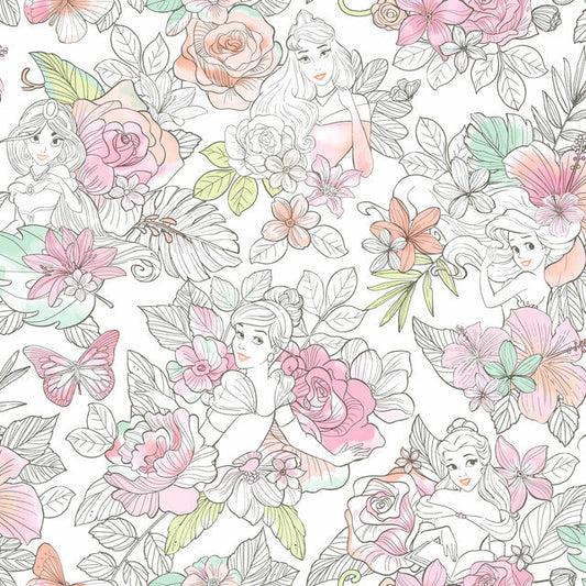 Coral Disney Princess Royal Floral Wallpaper