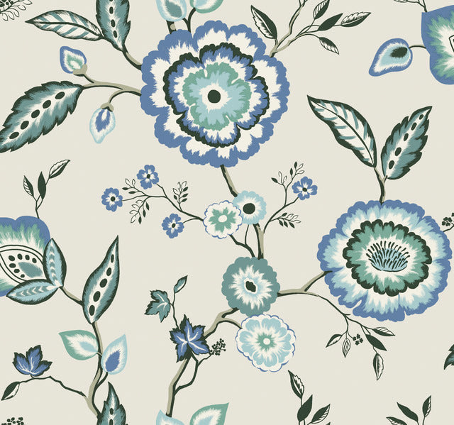 Blue/White/OffWhite Dahlia Blooms Dove/Cornflower Wallpaper