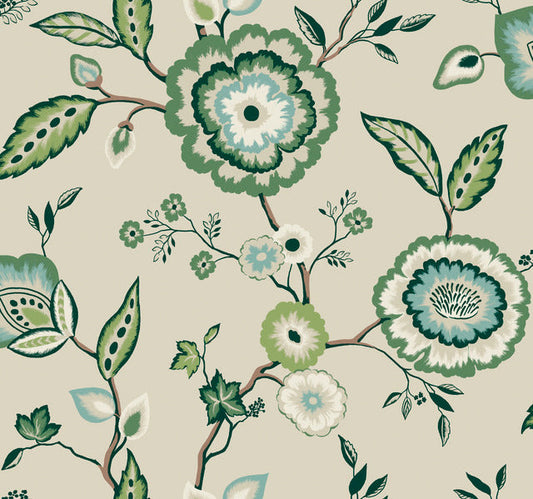 Gereen/Beige Dahlia Blooms Linen/Jade Wallpaper