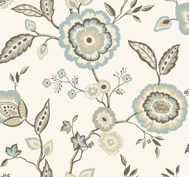 White/OffWhite/Blue Dahlia Blooms Cotton/Sky Wallpaper