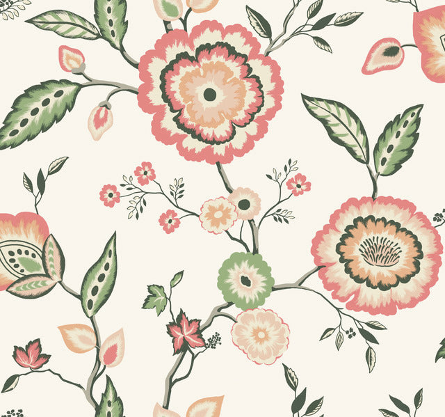 White/OffWhite/Pink Dahlia Blooms Cotton/Coral Wallpaper