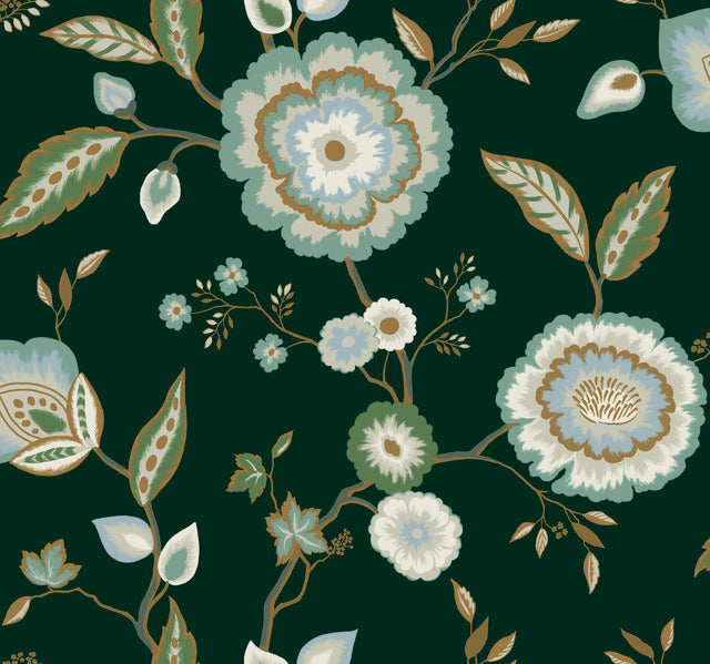 Green/Blue Dahlia Blooms Forest/Seafoam Wallpaper