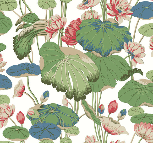 Green/Pink Lotus Pond Cotton/Peacock Wallpaper