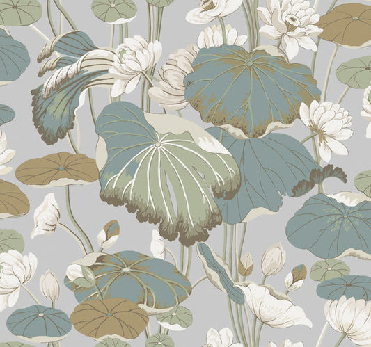 Grey/Blue Lotus Pond Heather/Cotton Wallpaper