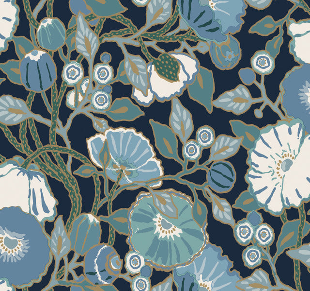 Black/Blue Vincent Poppies Indigo Wallpaper