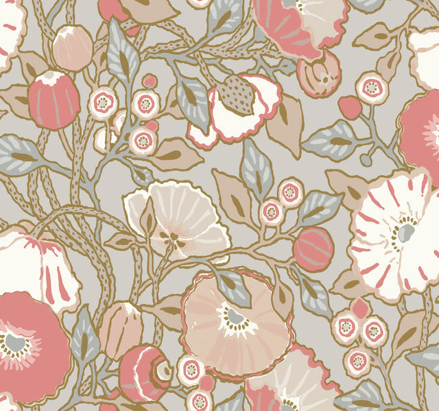 Grey/Pink Vincent Poppies Dove Wallpaper