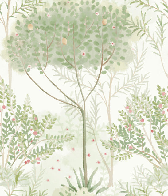 White/Green Orchard Wallpaper