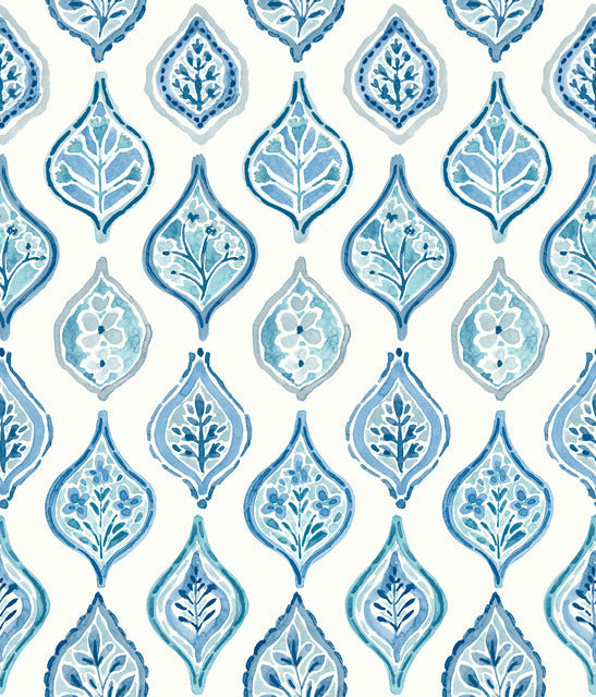 White/Blue Marketplace Motif Wallpaper