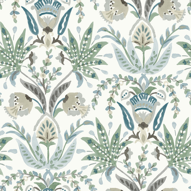 White/Green/Blue Seaside Jacobean Wallpaper