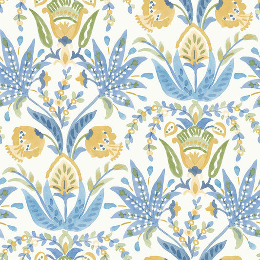 White/Yellow/Blue Seaside Jacobean Wallpaper