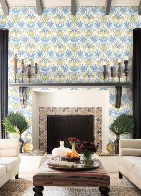 White/Yellow/Blue Seaside Jacobean Wallpaper