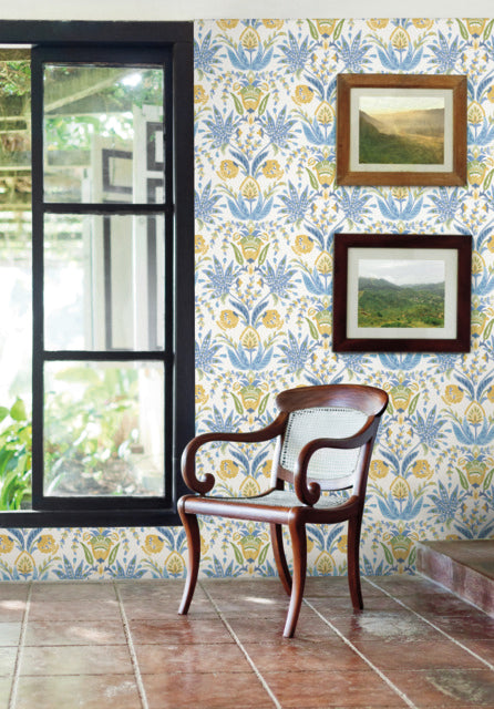 White/Yellow/Blue Seaside Jacobean Wallpaper